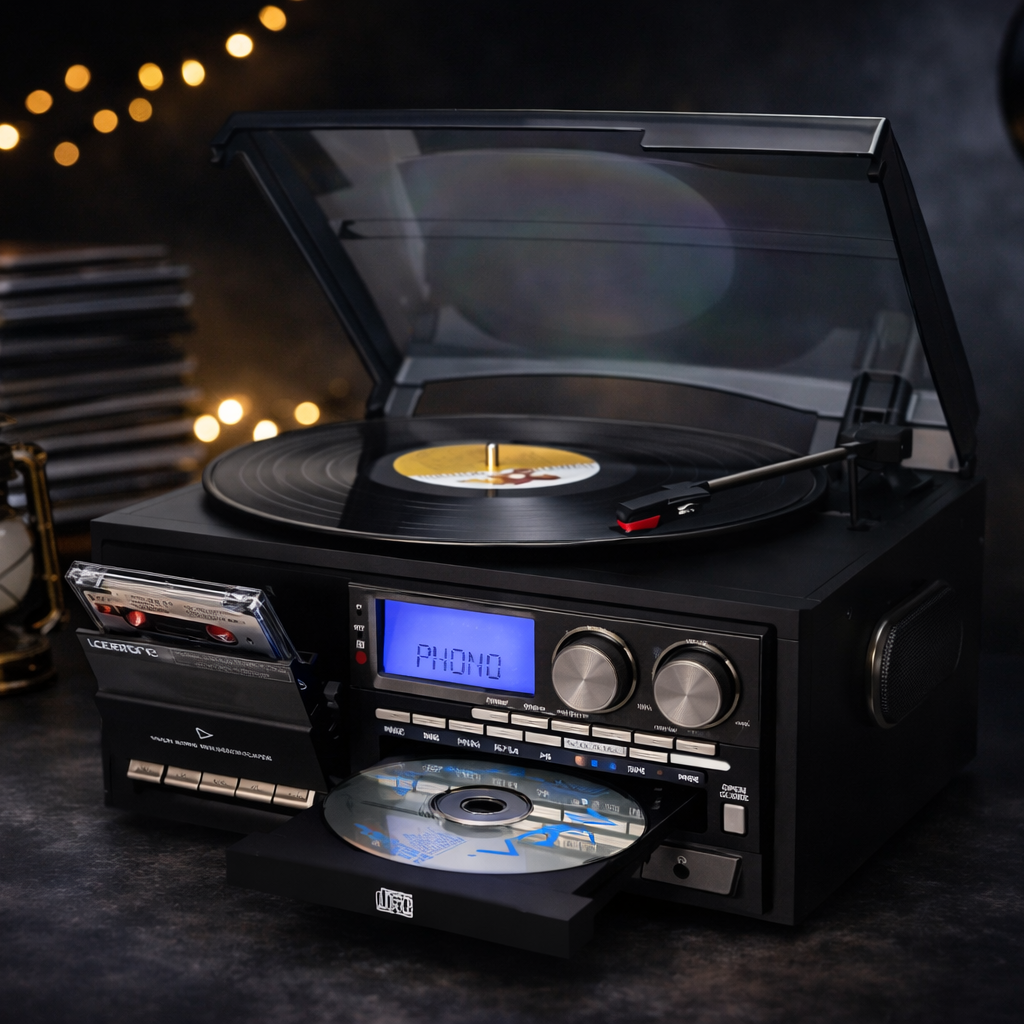 10-in-1 Bluetooth Vinyl Record Player – 3-Speed Turntable with CD, Cassette, AM/FM Radio & USB Recording